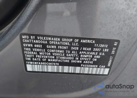 2013 Volkswagen Passat 2.0L Tdi Sel Premium from USA, damaged, VIN 1VWCN7A30DC067070